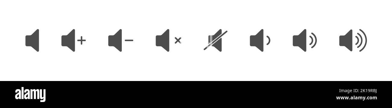 Lautstärkesymbol. Klangregler. Ein Satz von Symbolen für die Lautstärke- und Steuerschnittstelle. Durchflutete Silhouette, flacher Style. Stock Vektor