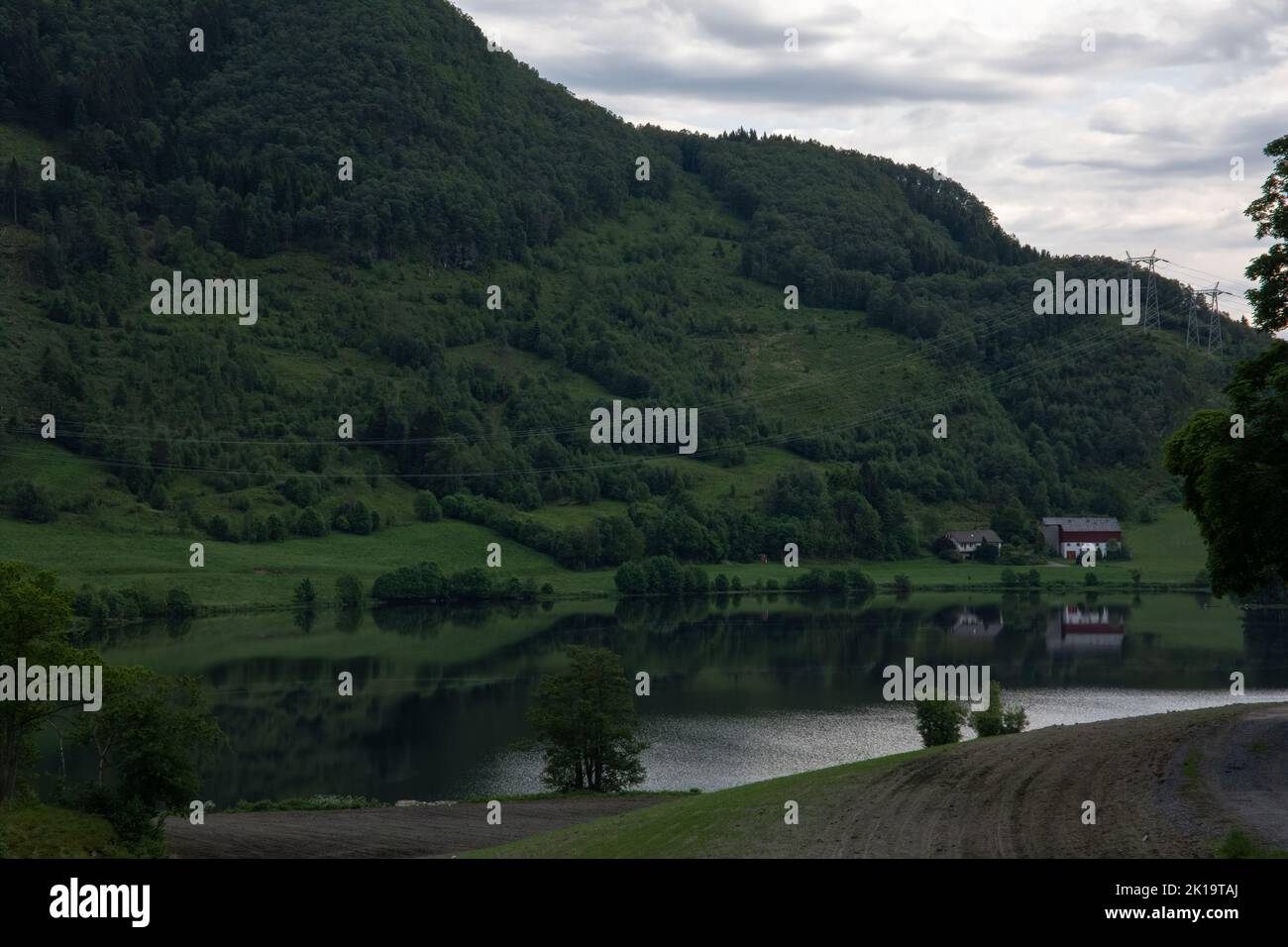 Wunderschöne Landschaften in Norwegen. Grüner Hügel mit Spiegelreflexion auf dem Wasser des Sees Gjerdesdalsvatnet . Norwegische Panoramastraße Ryfylke. Bäume A Stockfoto