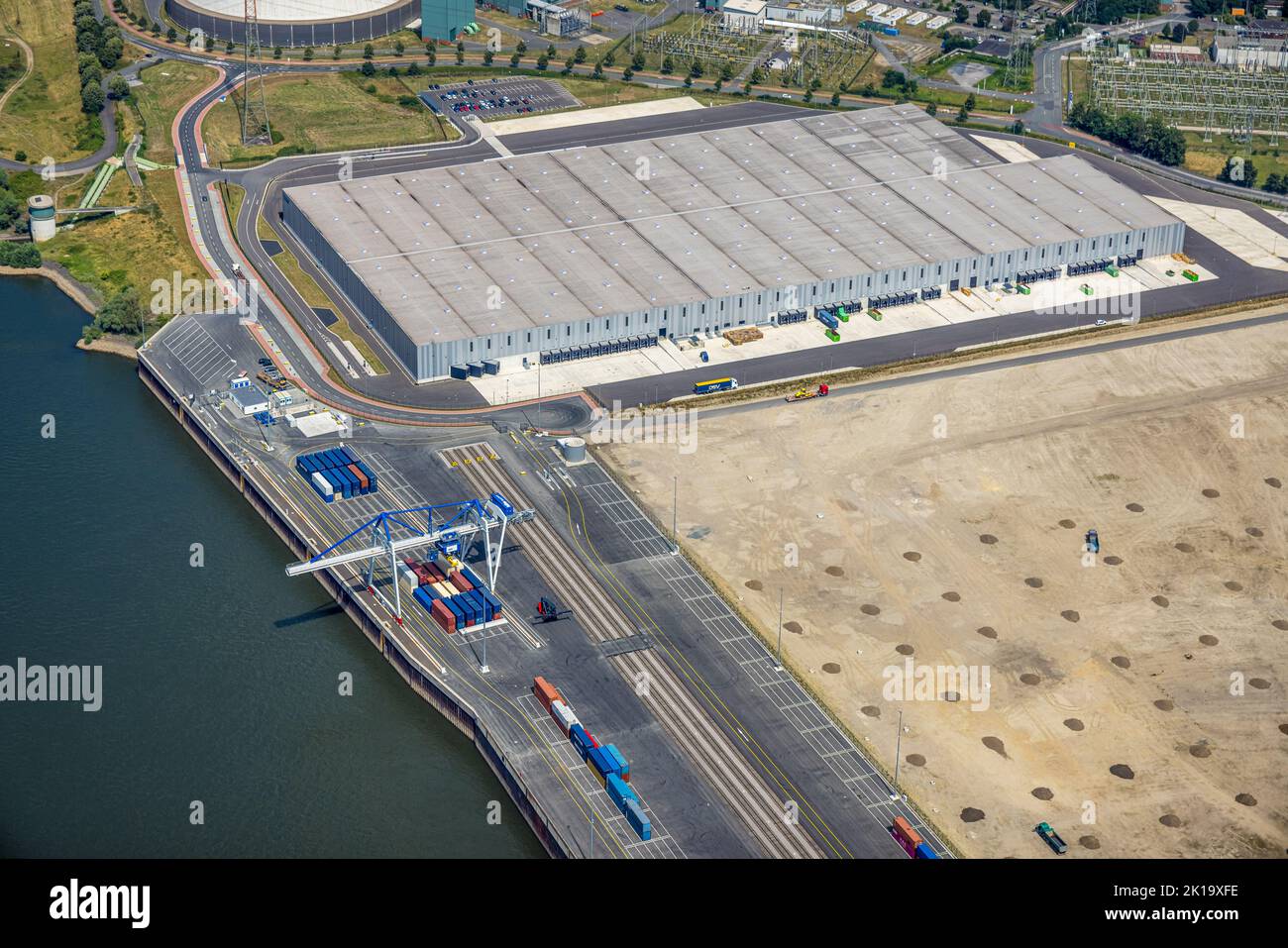 Luftaufnahme, Logport VI, Baustelle mit Neubau-Logistikunternehmen DSV Halle, Alt-Walsum, Duisburg, Ruhrgebiet, Nordrhein-Westfalen, Ger Stockfoto