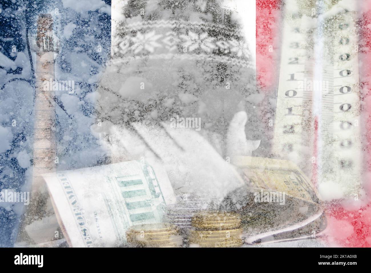 Unschärfe-Mann versteckt Gesicht. Erhöhung der Kosten für die Gasrechnung. Flagge Frankreichs. Russland Kriegssanktionen. Wirtschaftsprobleme. Energiekrise in Europa. Kalter harter Sieg Stockfoto