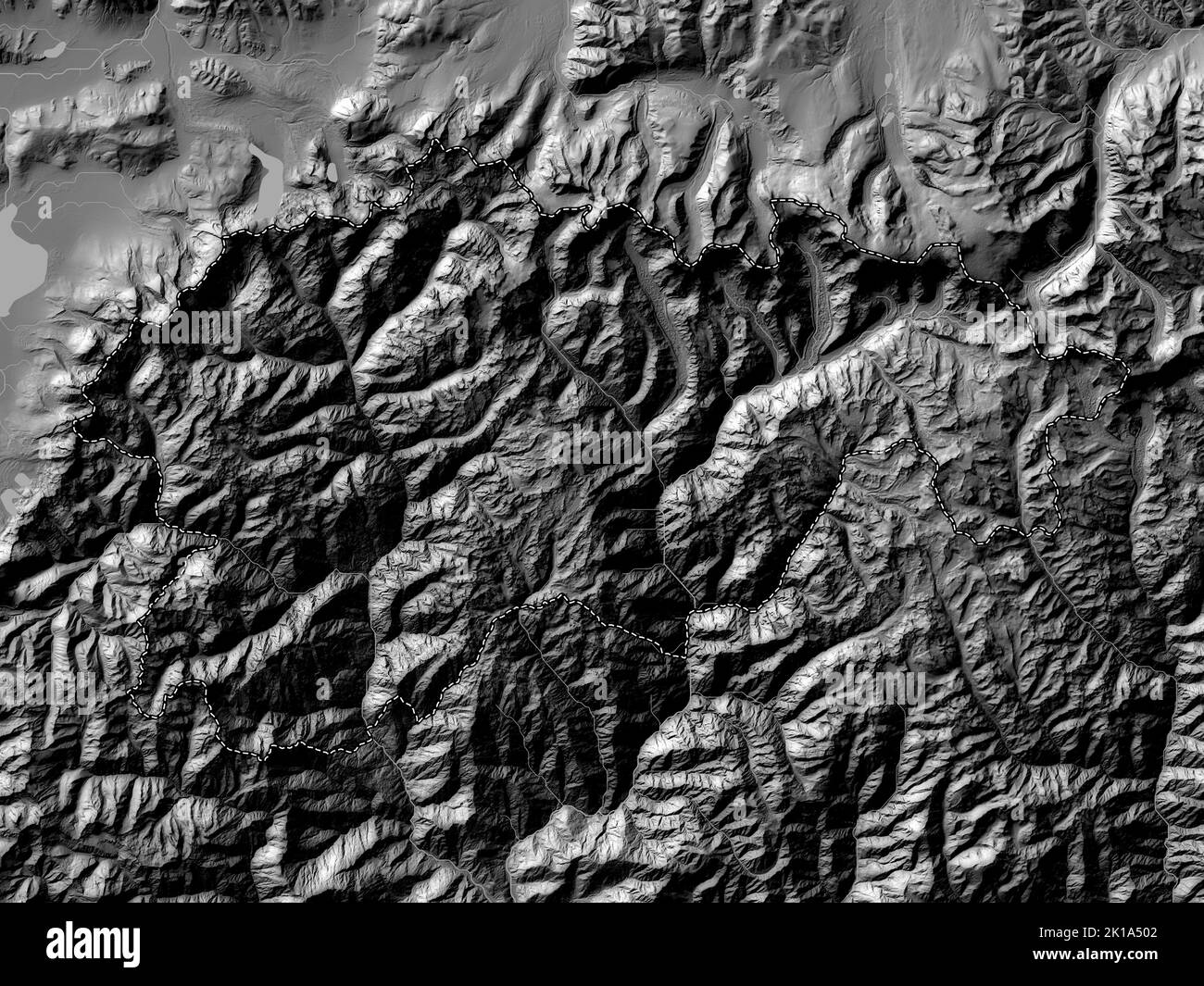 Gasa, Distrikt von Bhutan. Bilevel-Höhenkarte mit Seen und Flüssen Stockfoto