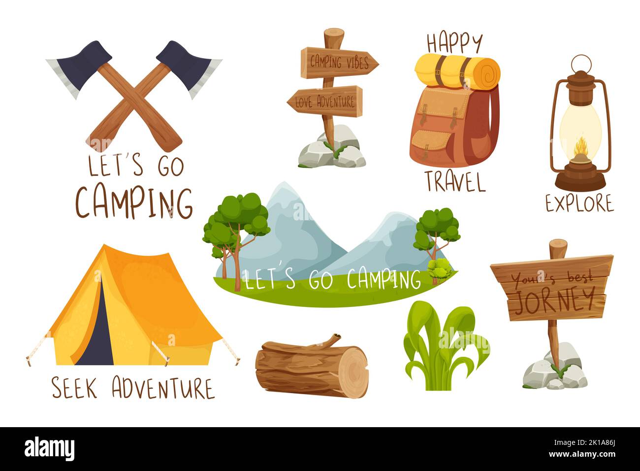 Set Camping Reise, Waldzelt Ausrüstung Aufkleber mit Text in Cartoon-Stil isoliert auf weißem Hintergrund. Aktivität, Outdoor tragbares Haus. Vektorgrafik Stock Vektor