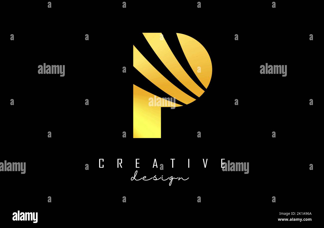 Goldenes P-Logo mit führenden Linien und negativem Raumanzug. Brief mit geometrischen und kreativen Schnitten Design. Vektorgrafik mit Buchstabe. Stock Vektor