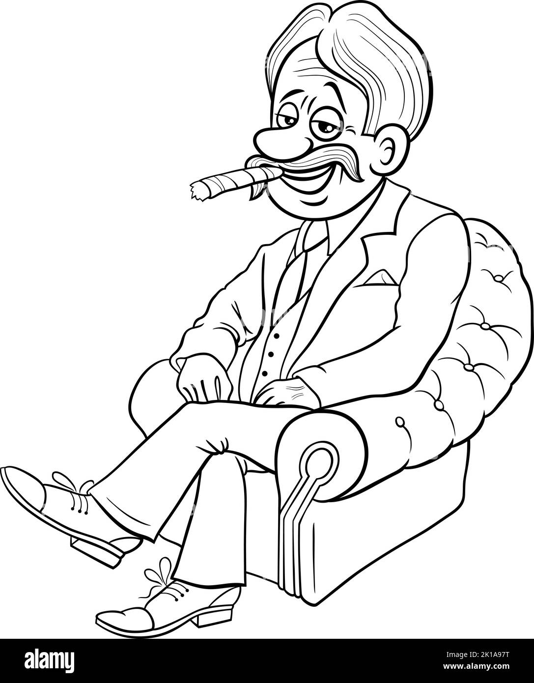 Schwarz-Weiß-Cartoon-Illustration von Chef oder Geschäftsmann in Sessel Malseite Stock Vektor