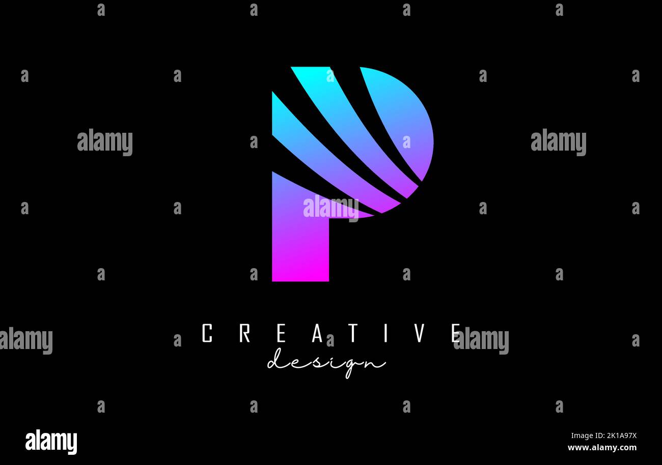 Farbenfrohes P-Logo mit führenden Linien und negativem Raumanzug. Brief mit geometrischen und kreativen Schnitten Design. Vektorgrafik mit Buchstabe. Stock Vektor
