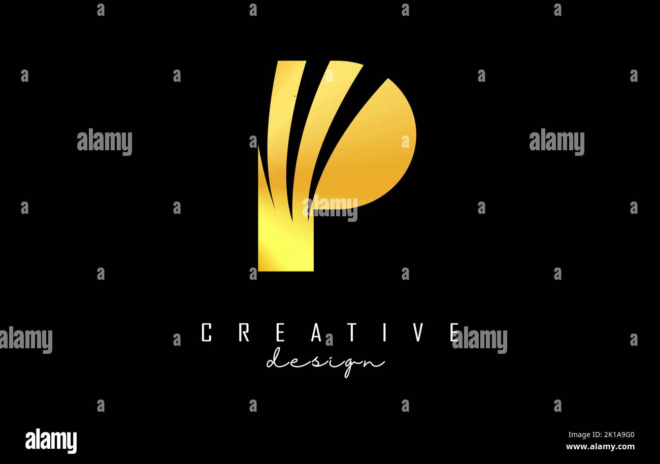 Goldenes P-Logo mit führenden Linien und negativem Raumanzug. Brief mit geometrischen und kreativen Schnitten Design. Vektorgrafik mit Buchstabe. Stock Vektor