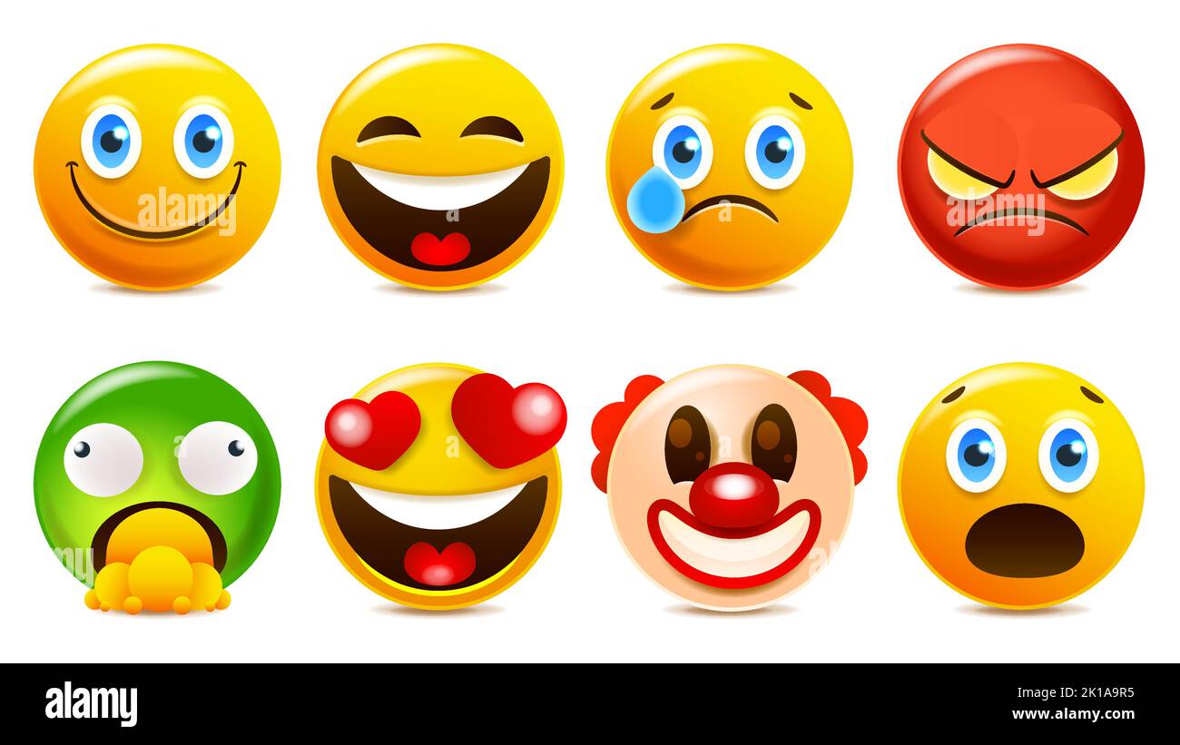 Vektorset für Emoji- und Emoticon-Gesichter. Emojis oder Emoticons mit verrückten, überraschenden, lustigen, lachenden und beängstigenden Ausdrücken für Designelemente, die in isoliert sind Stock Vektor