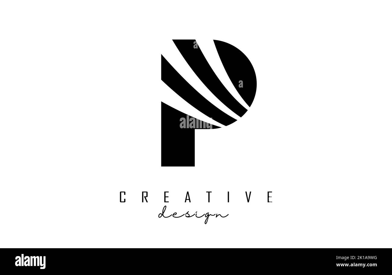 Schwarzes P-Logo mit führenden Linien und negativem Raumanzug. Brief mit geometrischen und kreativen Schnitten Design. Vektorgrafik mit Buchstabe. Stock Vektor