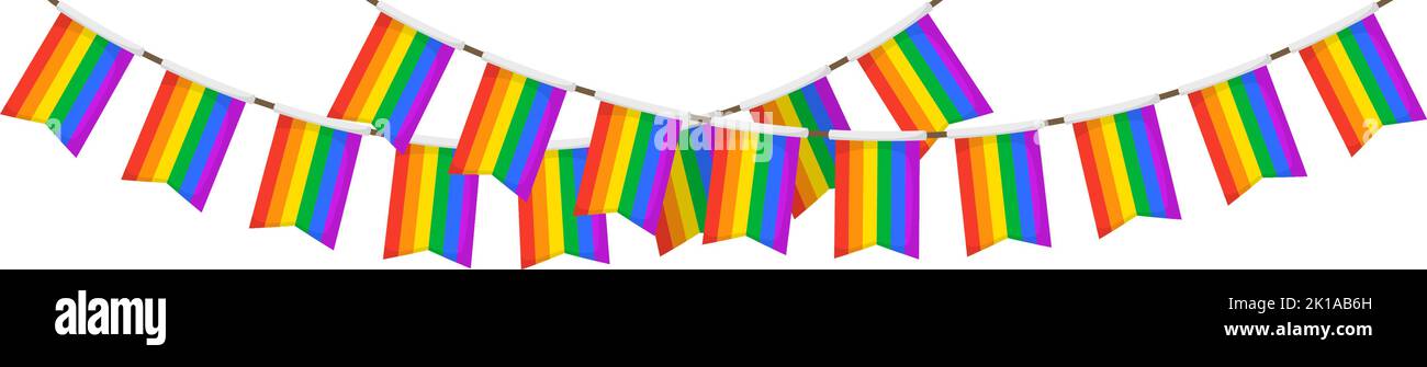 LGBT-Girlande. Regenbogenfarben Wimpel Kette. Party-Ammer Dekoration. Feiersteine für ein stolzes Dekor. Fußzeile und Banner-Hintergrund Stock Vektor