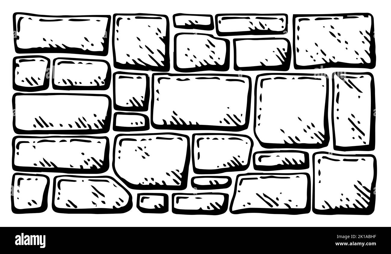 Mauerwerk im Bau von Häusern und Zäunen. Natürliches Baumaterial. Handgezeichnete Umrissskizze. Isoliert auf weißem Hintergrund. Vektor. Stock Vektor