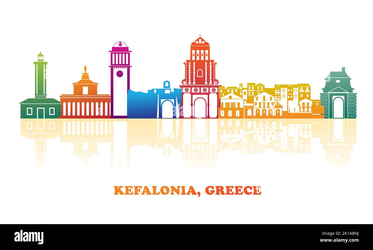 Farbenprächtiges Skyline-Panorama von Kefalonia, Ionische Inseln, Griechenland - Vektorgrafik Stock Vektor
