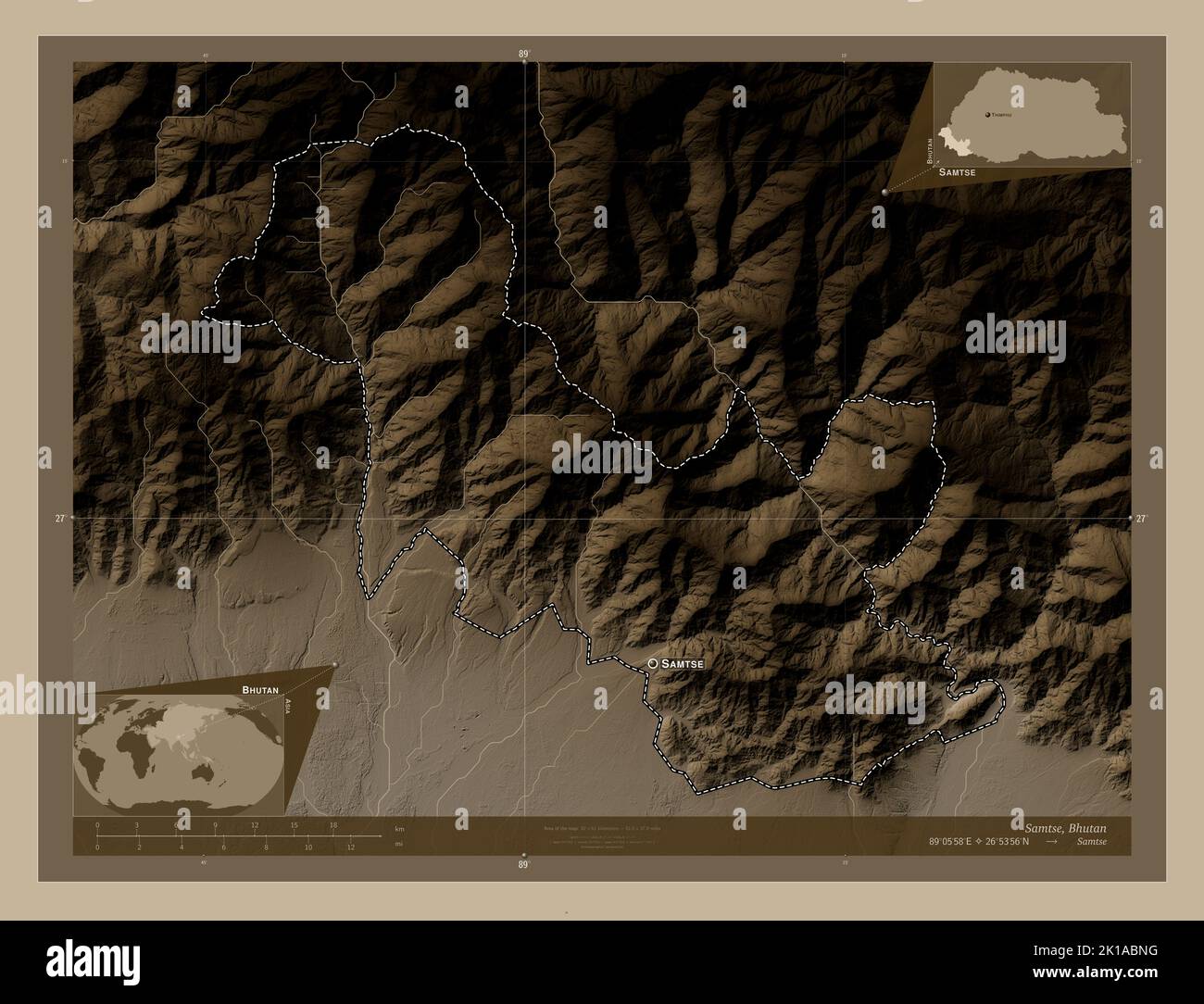 Samtse, Distrikt von Bhutan. Höhenkarte in SepiaTönen mit Seen und