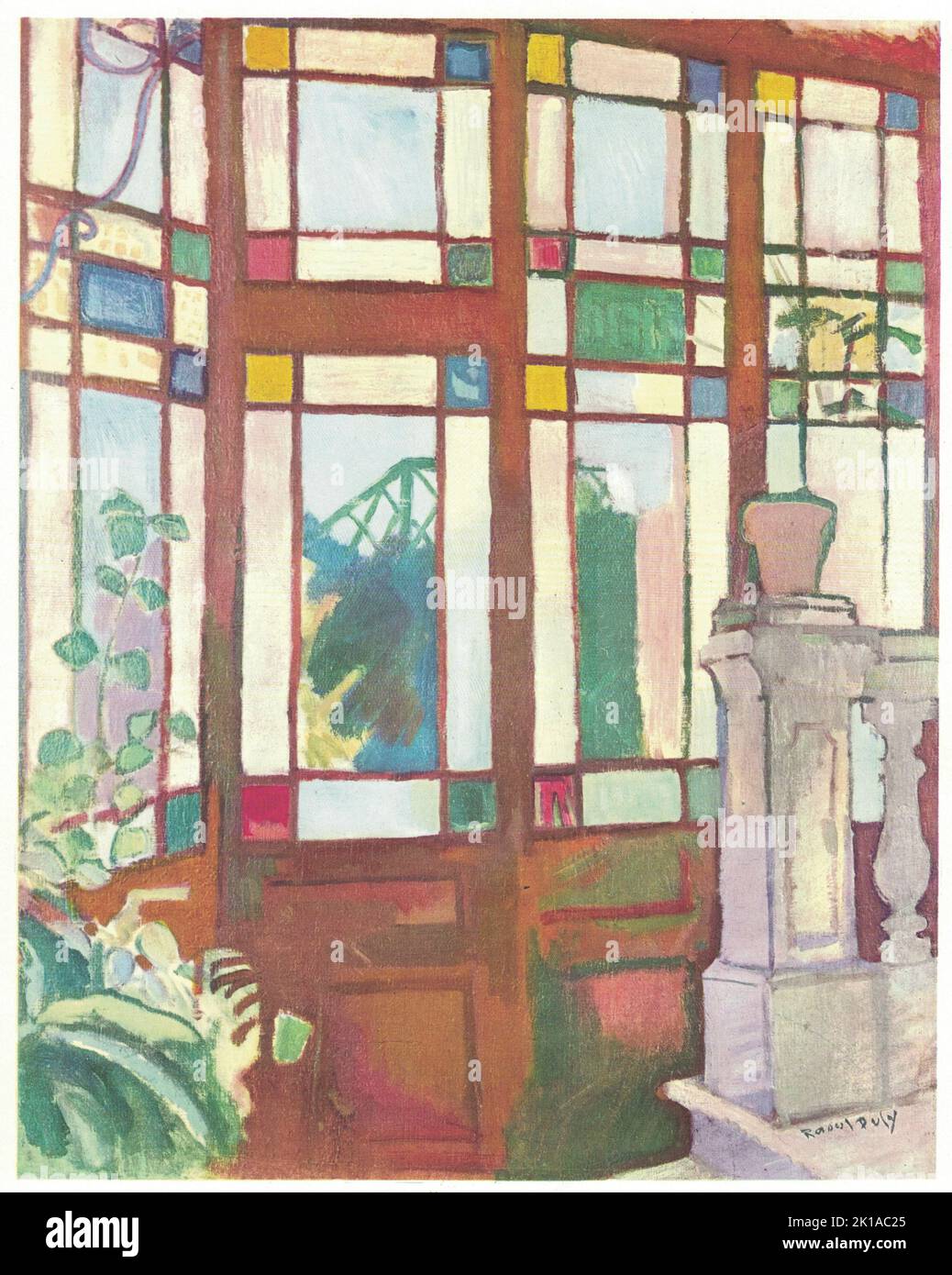 Fenster mit farbigen Gläsern, 1906. Gemälde von Raoul Dufy. Raoul Dufy ( 3. Juni 1877 – 23. März 1953) war ein französischer Fauvist-Maler und Bruder von Jean Dufy. Er entwickelte einen farbenfrohen, dekorativen Stil, der sowohl bei der Gestaltung von Keramik und Textilien als auch bei der Gestaltung öffentlicher Gebäude in Mode kam. Er ist bekannt für Szenen von sozialen Ereignissen unter freiem Himmel. Er war auch Zeichner, Grafiker, Buchmaler, Bühnenbildner, Möbeldesigner und Planer öffentlicher Räume. Stockfoto