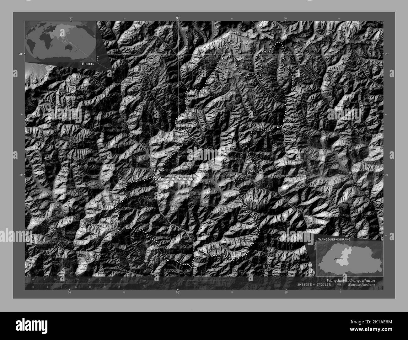 Wangduephodrang, Bezirk Bhutan. Bilevel-Höhenkarte mit Seen und Flüssen. Orte und Namen der wichtigsten Städte der Region. Ecke Zusatzbereich Stockfoto