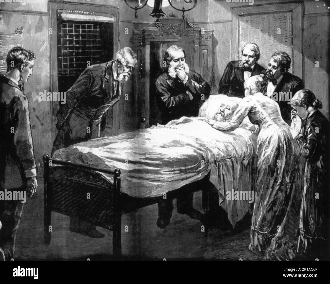 Der Tod von Präsident James Garfield. Er wurde am 2. 1881. Juli von Charles Guiteau angeschossen. Garfield wurde nicht durch die Kugel getötet, sondern starb, wahrscheinlich an einer Sepsis, zwei Monate später, am 19. 1881. September. Stockfoto
