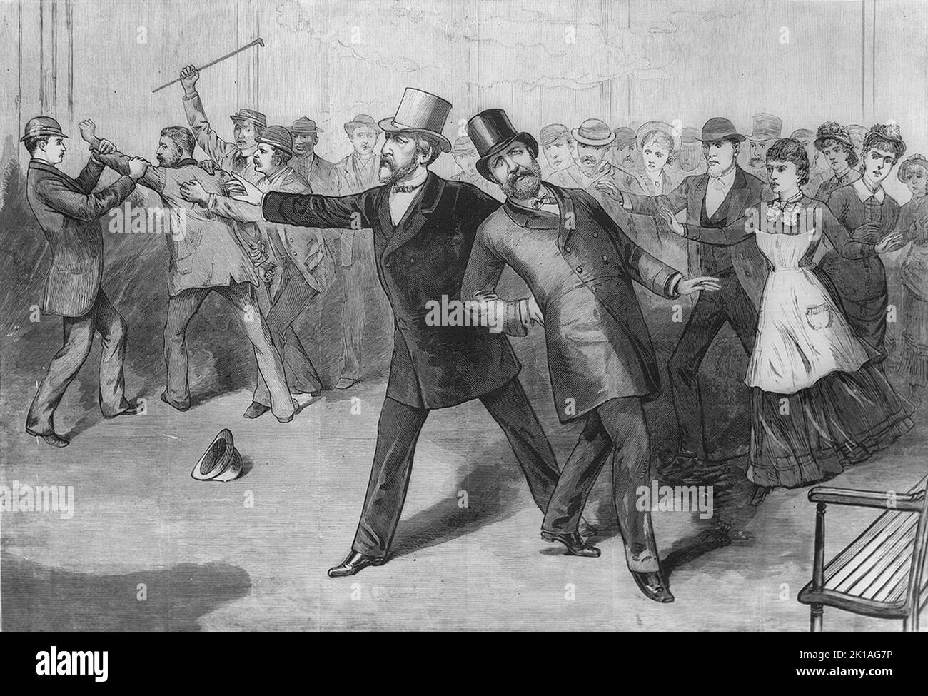 Die Tötung von Präsident James Garfield durch Charles Guiteau am 2. 1881. Juli. Garfield wurde nicht durch die Kugel getötet, sondern starb, wahrscheinlich an einer Sepsis, zwei Monate später, am 19. 1881. September. Stockfoto