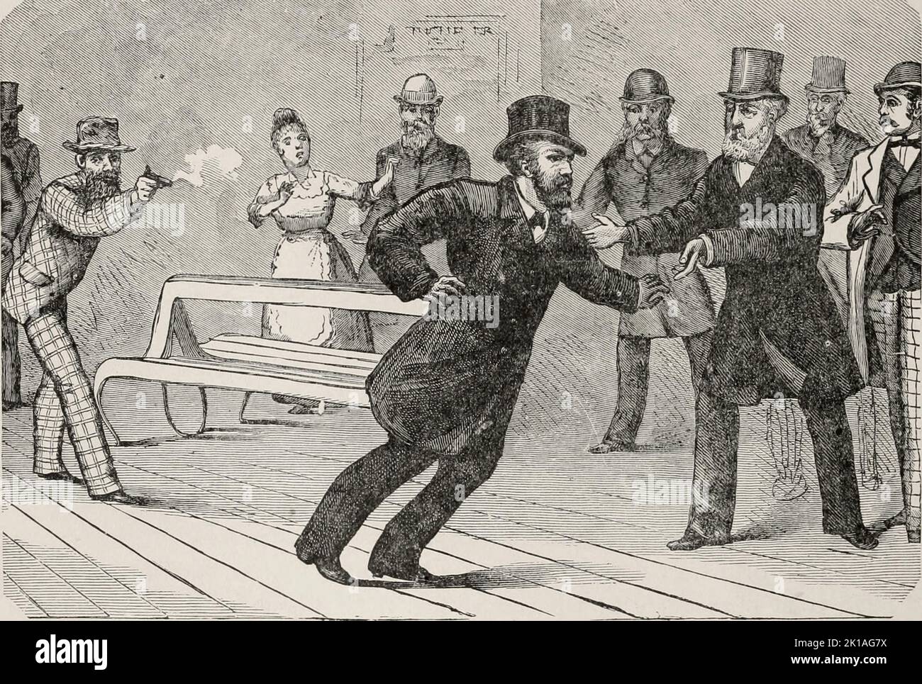 Die Tötung von Präsident James Garfield durch Charles Guiteau am 2. 1881. Juli. Garfield wurde nicht durch die Kugel getötet, sondern starb, wahrscheinlich an einer Sepsis, zwei Monate später, am 19. 1881. September. Stockfoto