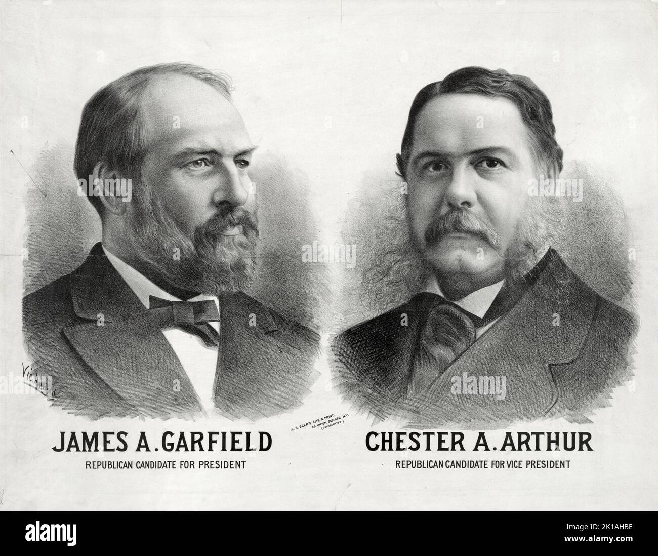Ein altes Plakat zur republikanischen Wahlkampagne, auf dem James Garfield als Präsidentschaftskandidat und Chester Arthur als Vizepräsident zu sehen sind. Stockfoto