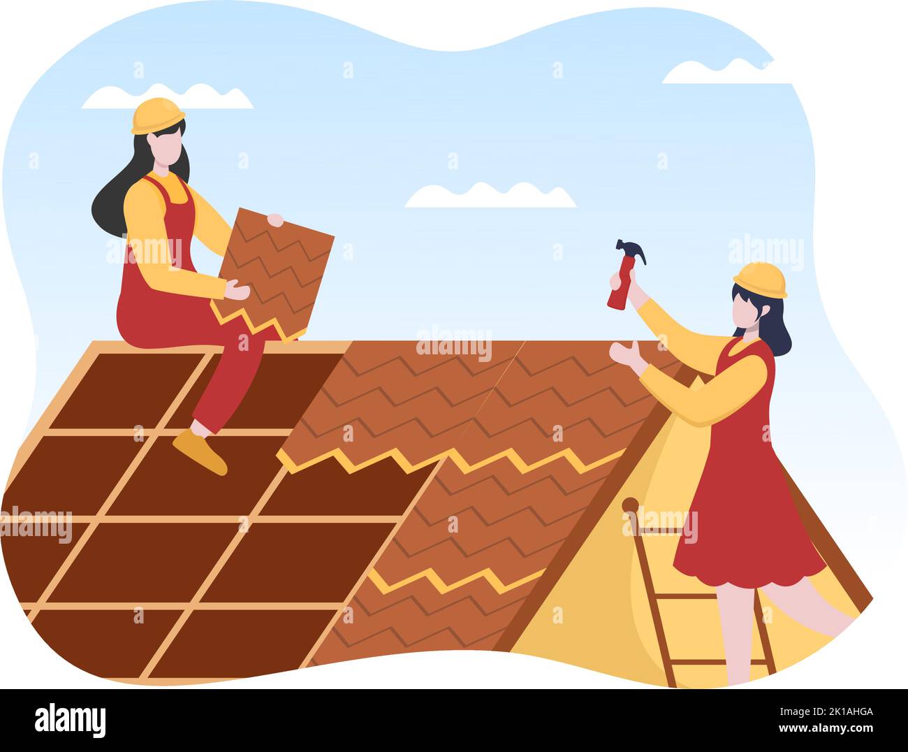 Dachkonstruktion Arbeiter Vorlage Hand gezeichnet Cartoon flache Illustration mit Dach Renovierung, Befestigung Dachziegel Haus und Dach Wiederaufbau Stock Vektor