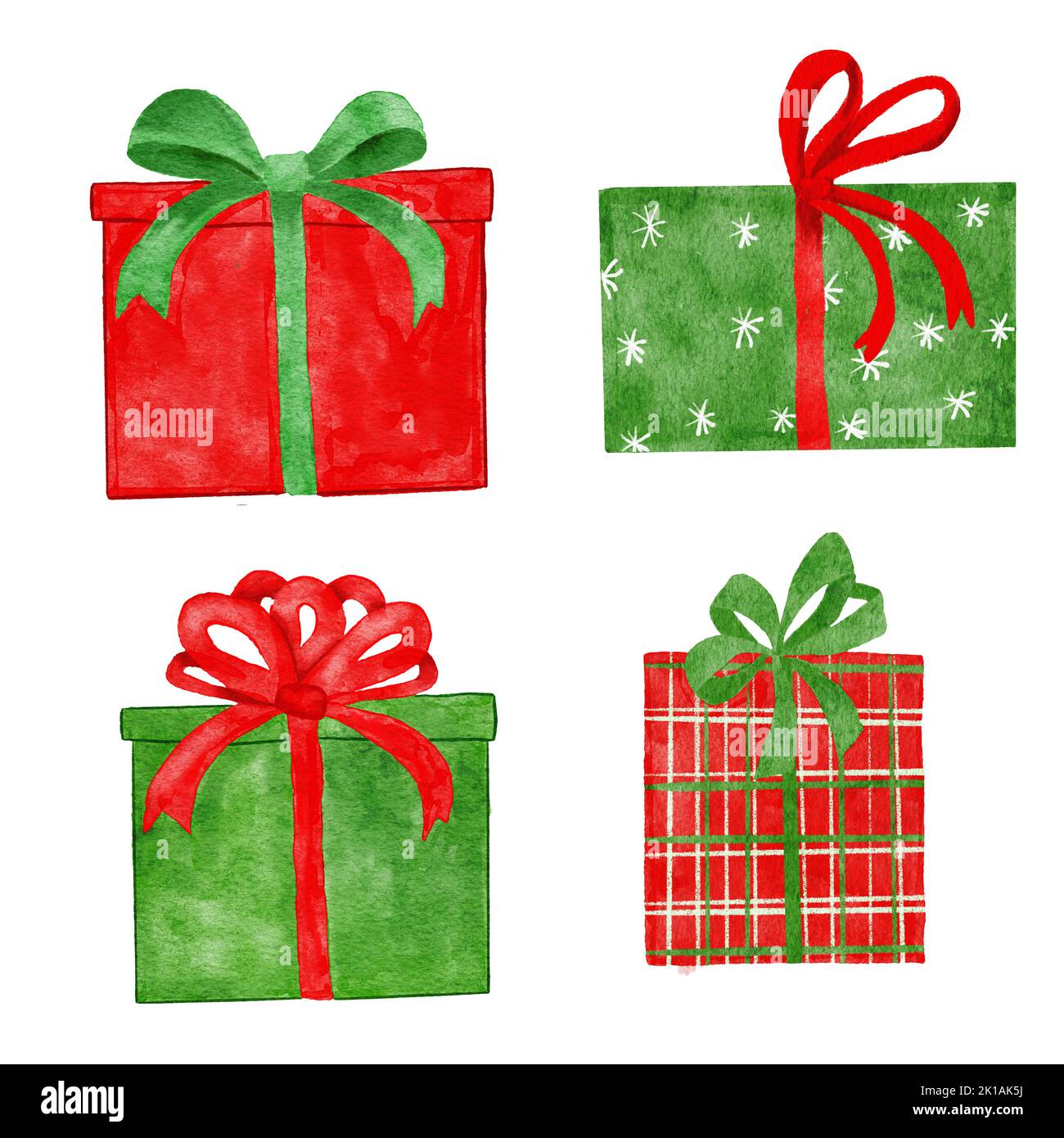 Handgezeichnete Aquarell-Illustration von rot-grünen weihnachtsgeschenk Geschenkboxen mit Schleife Schleifen. Niedliche festliche Weihnachtseinkäufe, Gratulation zu Geburtstagskarten, Einladungen, helles fröhliches Design Stockfoto