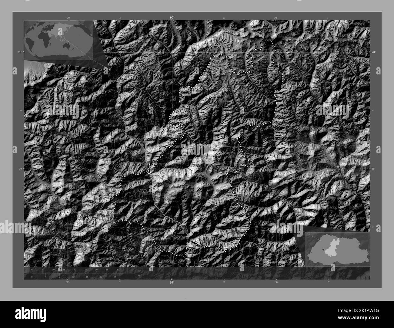 Wangduephodrang, Bezirk Bhutan. Bilevel-Höhenkarte mit Seen und Flüssen. Karten für zusätzliche Eckposition Stockfoto