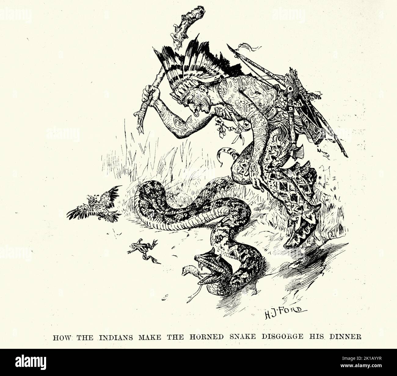 Vintage-Illustration, indianischer Jäger greift gehörnte Schlange an, viktorianische Abenteuergeschichte Stockfoto