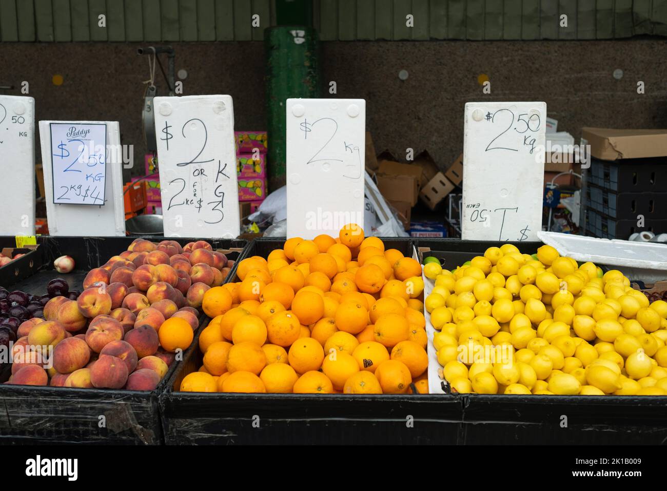 Steine und Zitrusfrüchte (Nektarinen, Orangen, Zitronen) werden an einem Stand auf dem Paddy's Fresh Food Market in Flemington, Sydney, Australien, verkauft Stockfoto