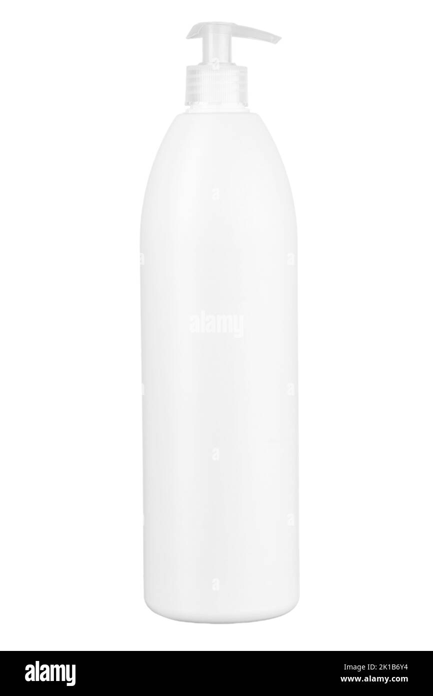 Plastikflasche mit Spenderpumpe für Flüssigseife, Gel, Lotion, Creme, Shampoo, Badeschaum und andere Kosmetika isoliert auf weißem Hintergrund. Dateikontra Stockfoto