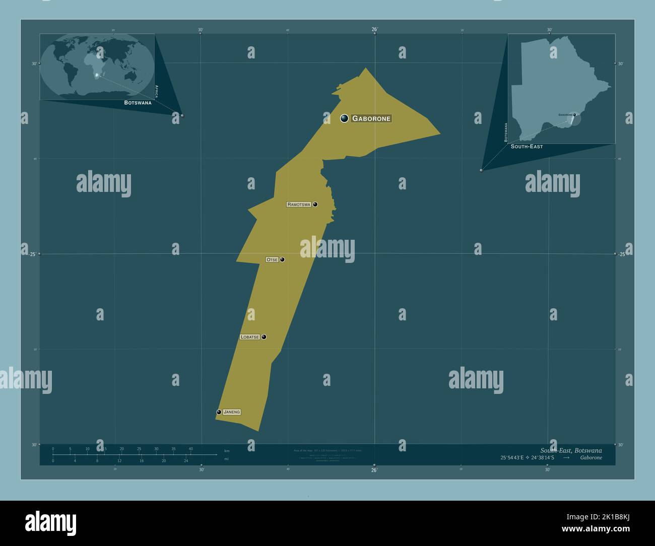 Südosten, Distrikt von Botswana. Einfarbige Form. Orte und Namen der