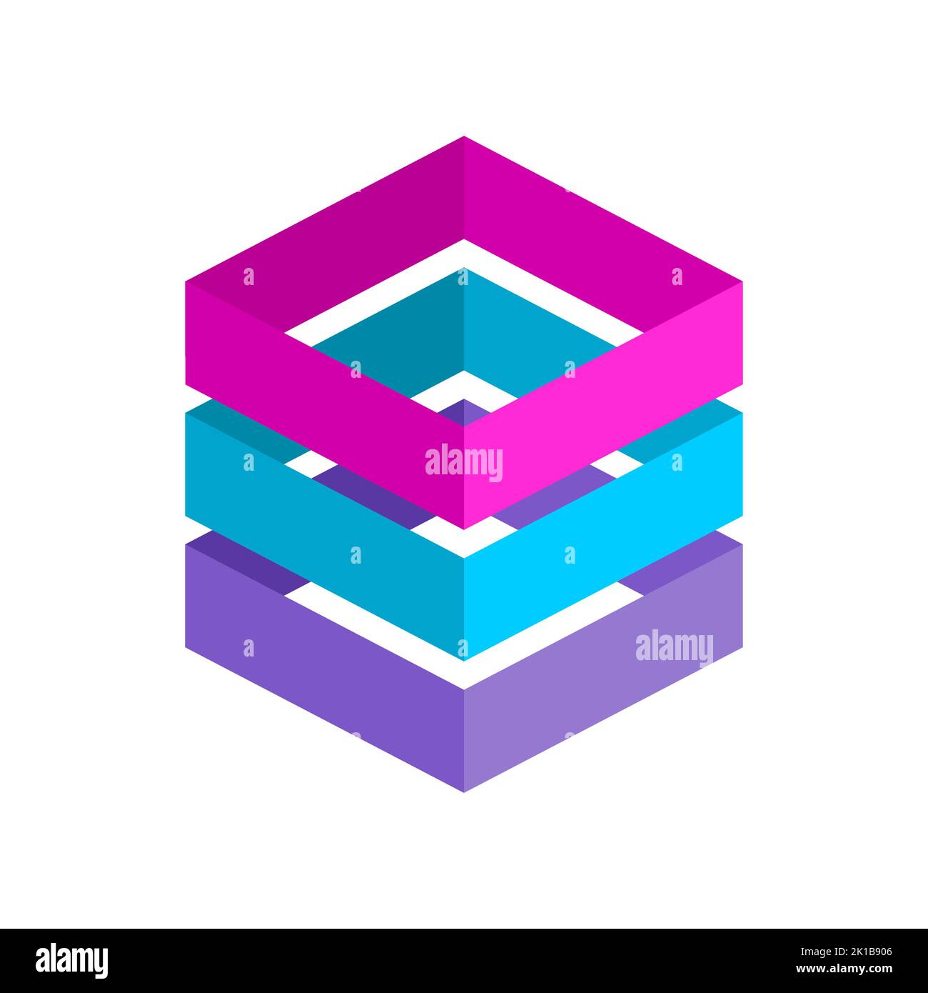 Modernes buntes Technologie-Logo aus drei Elementen. Stapel von drei 3D rechteckigen Rahmen. Server-Rack-Konzept. Cloud-Computing-Speicherlösungen. Stock Vektor