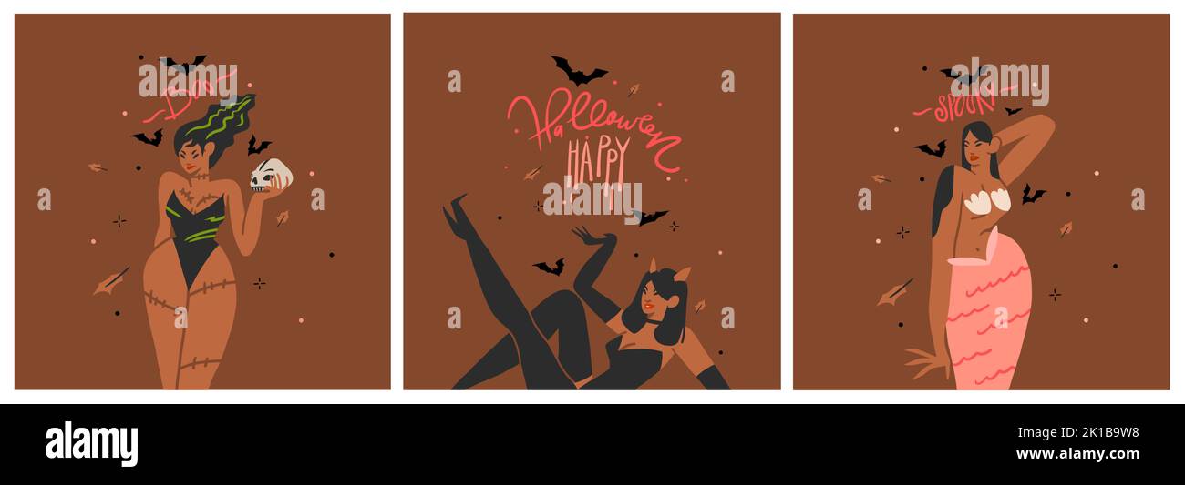Handgezeichnete abstrakte Vektor Grafik Cliparts Illustrationen, Halloween Urlaub Kostüm Party Erwachsene Menschen Charaktere Sammlung Set.Gruseliges Halloween Stock Vektor
