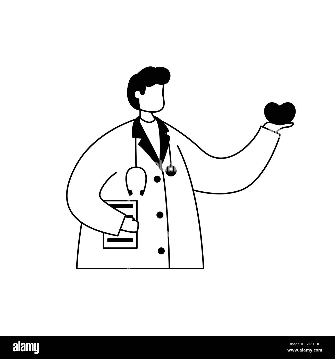 Vektordarstellung eines Kardiologen in einem weißen Mantel mit einem Herz in den Händen. Beruf. Stock Vektor
