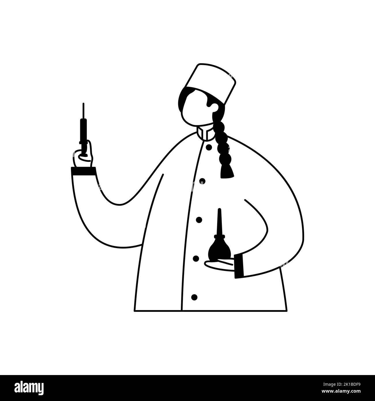 Vektordarstellung einer Krankenschwester mit einer Spritze in der Hand und einem Einlauf. Beruf. Stock Vektor