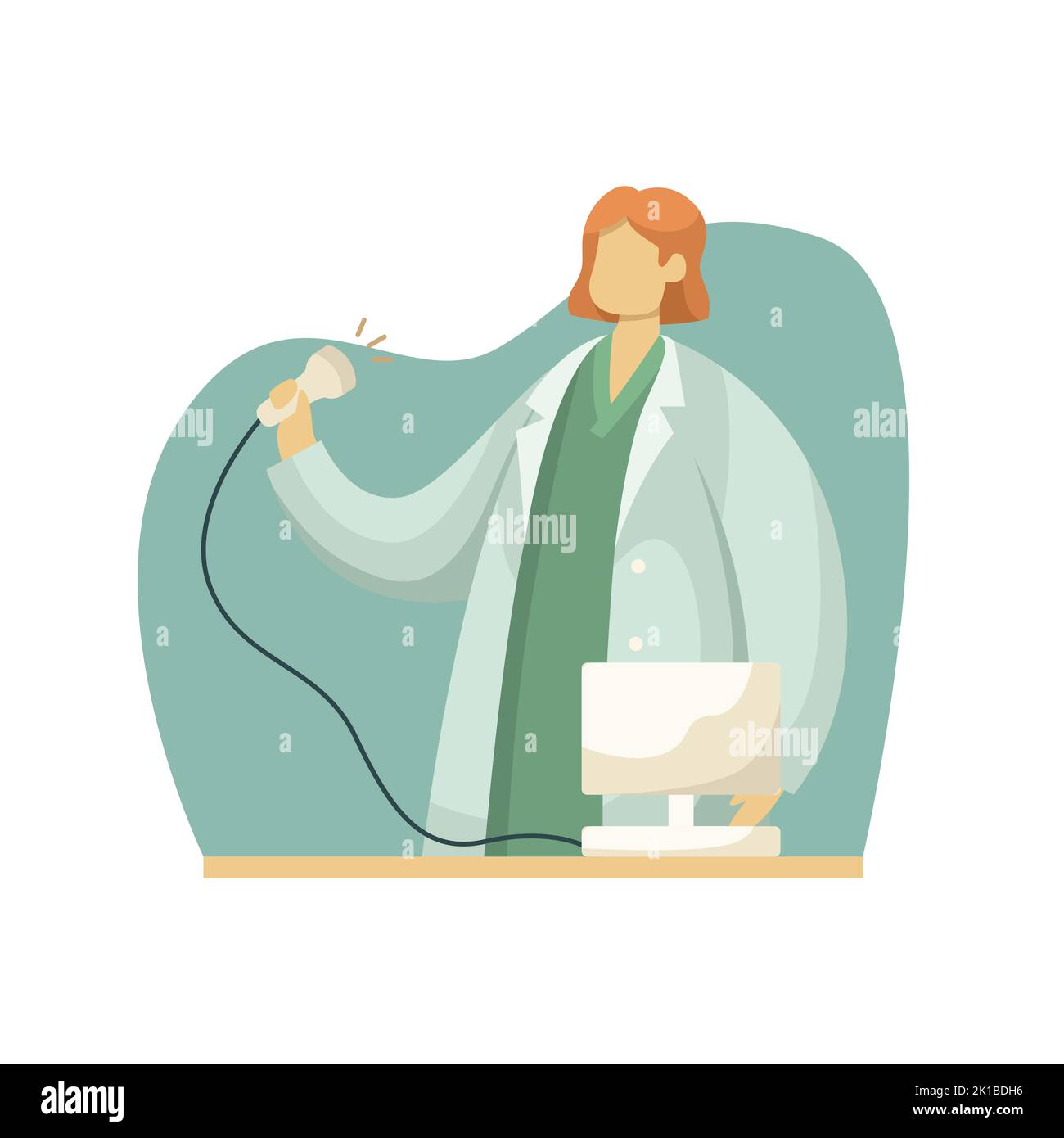 Vektordarstellung einer Ultraschallärztin mit einem Sensor zur Untersuchung in ihren Händen. Beruf. Flacher Style Stock Vektor