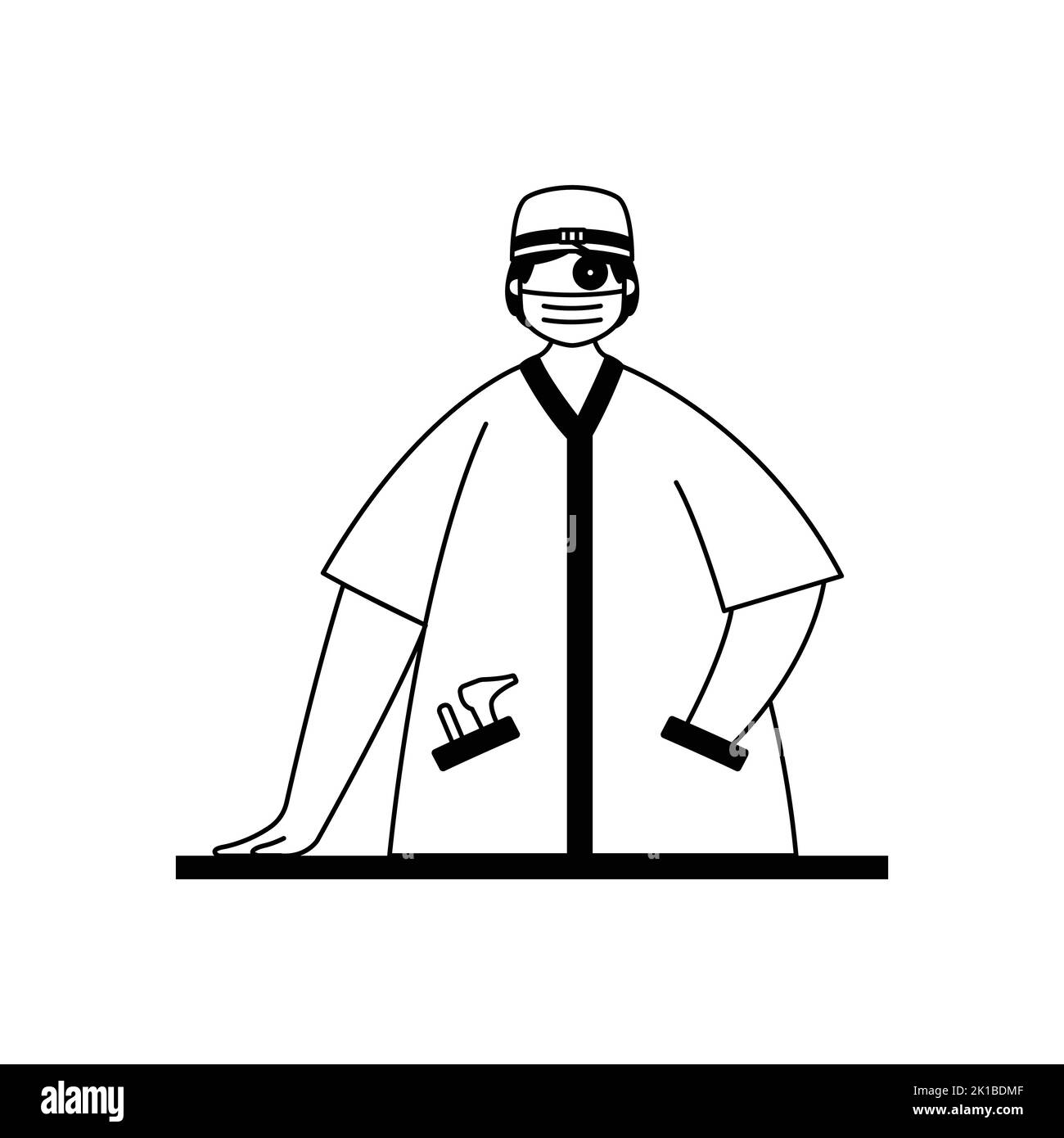 Vektordarstellung eines Otolaryngologen in einem weißen Mantel mit einem Werkzeug zur Kontrolle der Atemwege und Hörorgane. Beruf. Stock Vektor