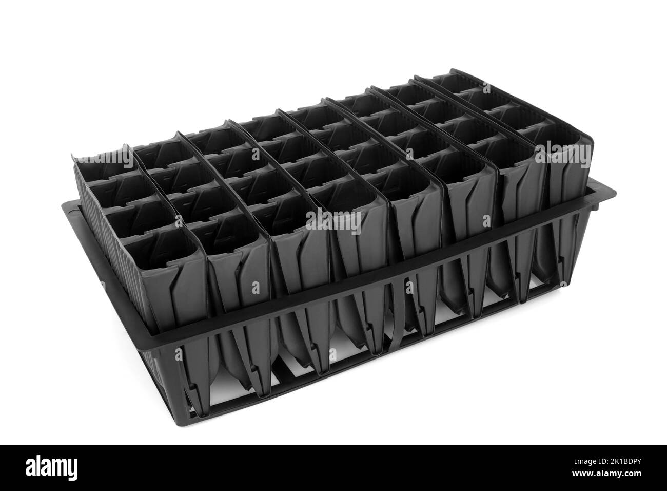 Wurzeltrainer Kunststoff-Tablett Gartengeräte für die Aussaat von Samen, um Wurzelwachstum vor der Aussaat zu entwickeln. Aufrechtes Modul aus schwarzem Kunststoff öffnen. Stockfoto