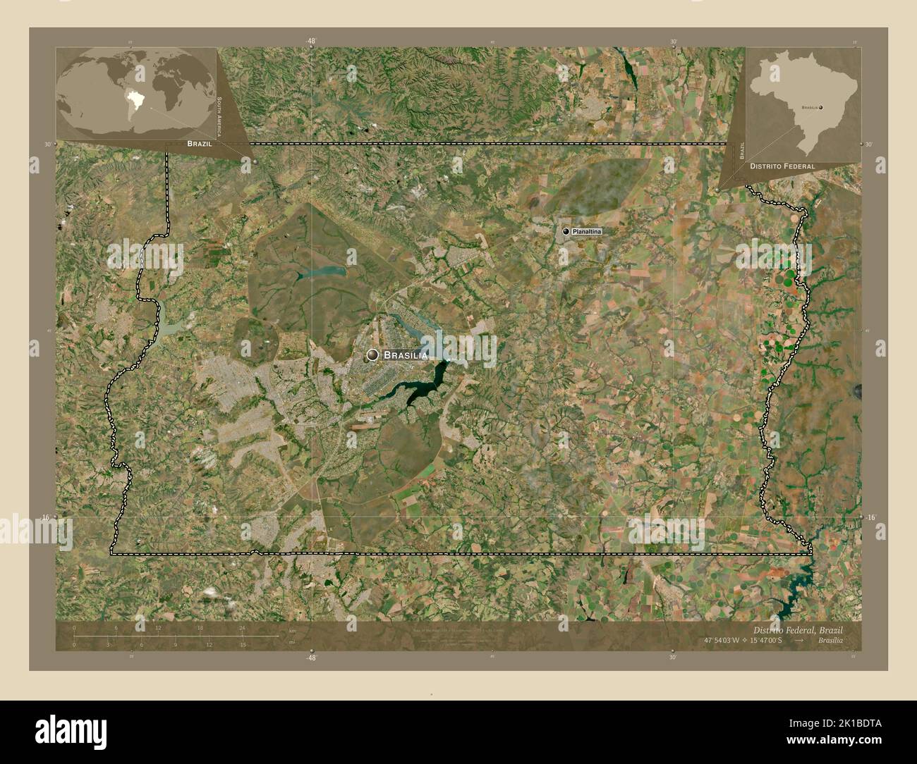 Distrito Federal, Bundesstaat Brasilien. Hochauflösende Satellitenkarte. Orte und Namen der wichtigsten Städte der Region. Ecke Zusatzlokat Stockfoto