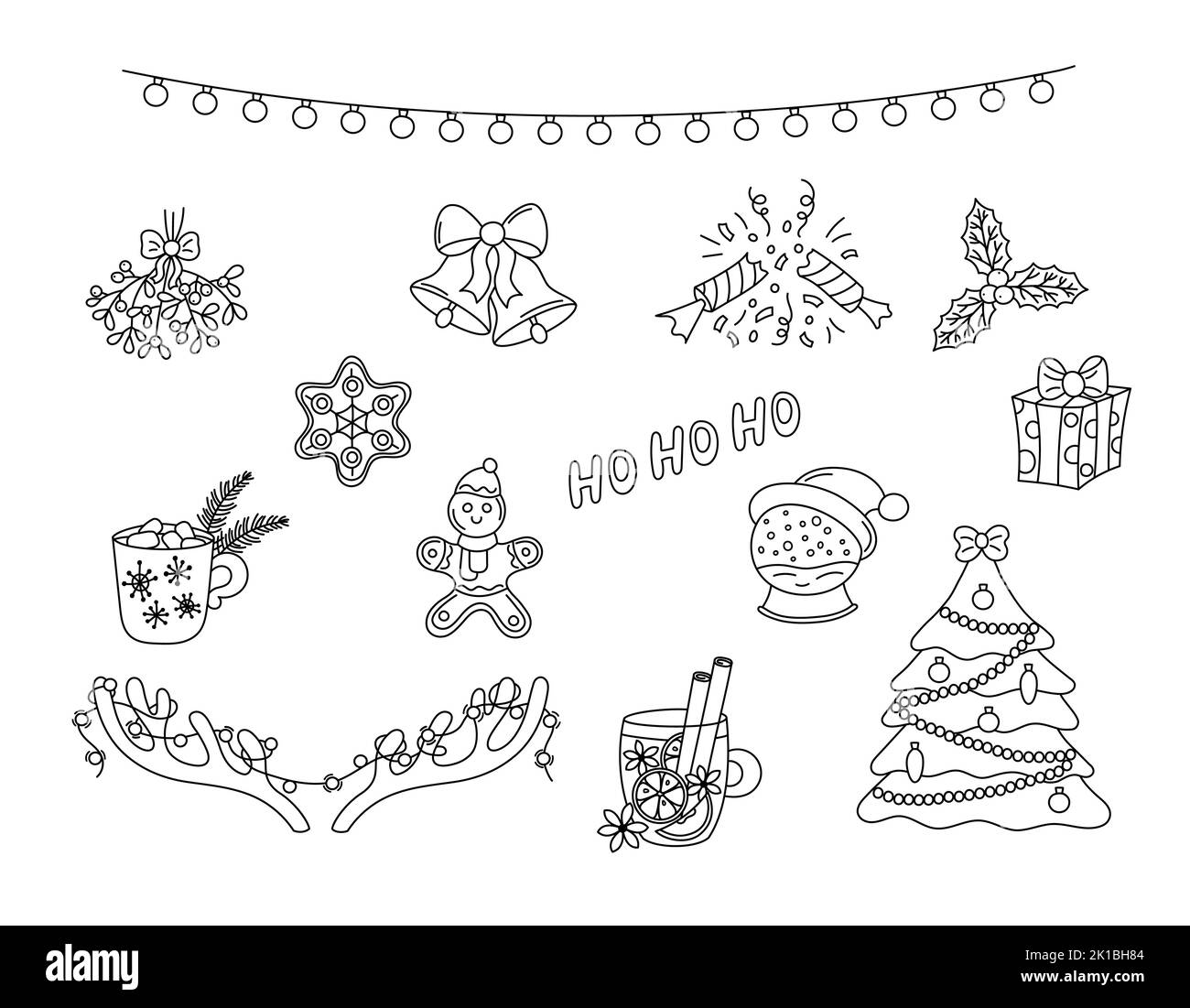 Vektor-Set mit Weihnachtskritzeln. Handgezeichnete schwarze Urlaubselemente isoliert auf weißem Hintergrund. Scribble umreißen Objekte Weihnachtsbaum, Girlande, Mistle Stock Vektor