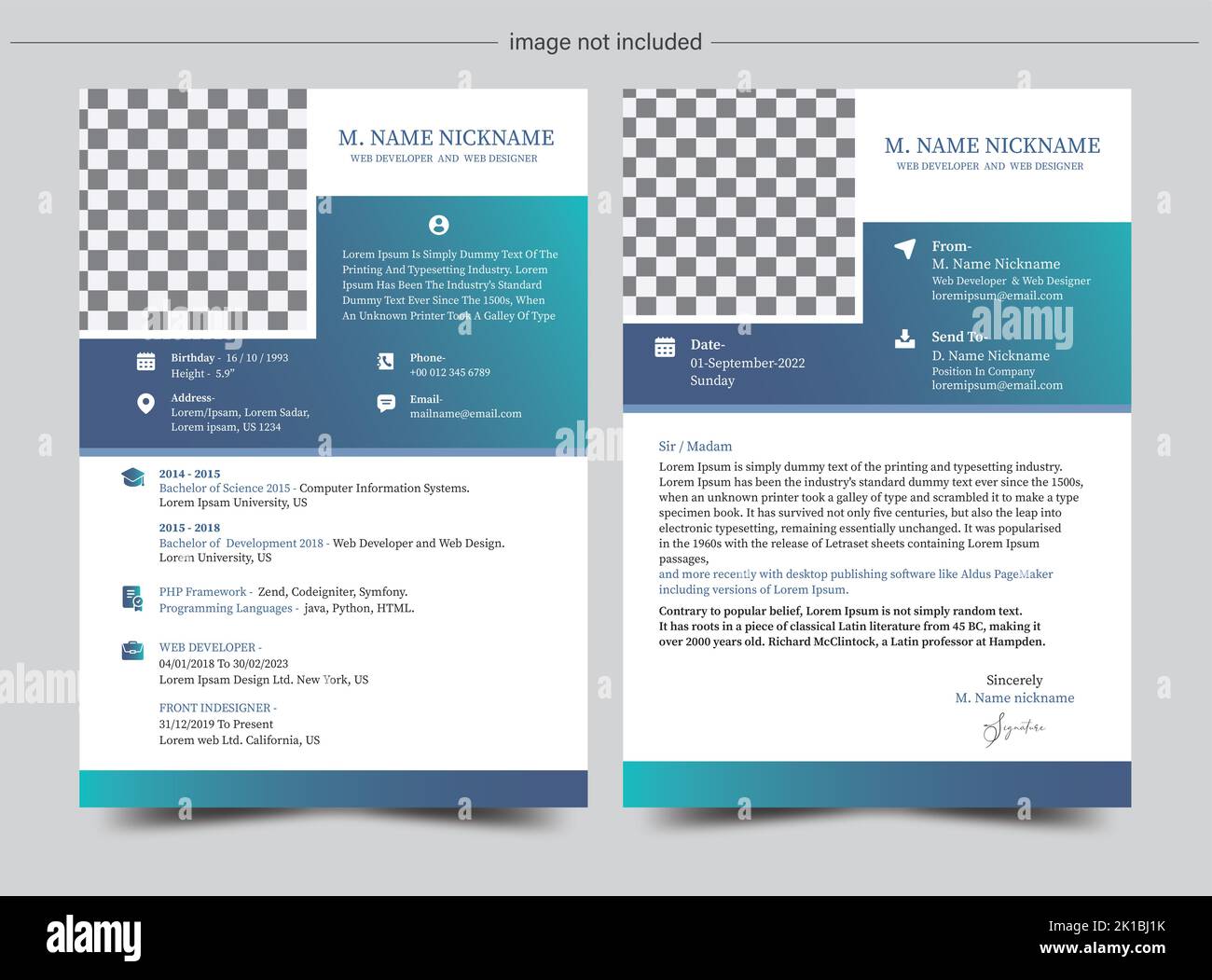 Web Developer Lebenslauf und Anschreiben Vorlage, CV-Vorlage für Web-Designer Stock Vektor