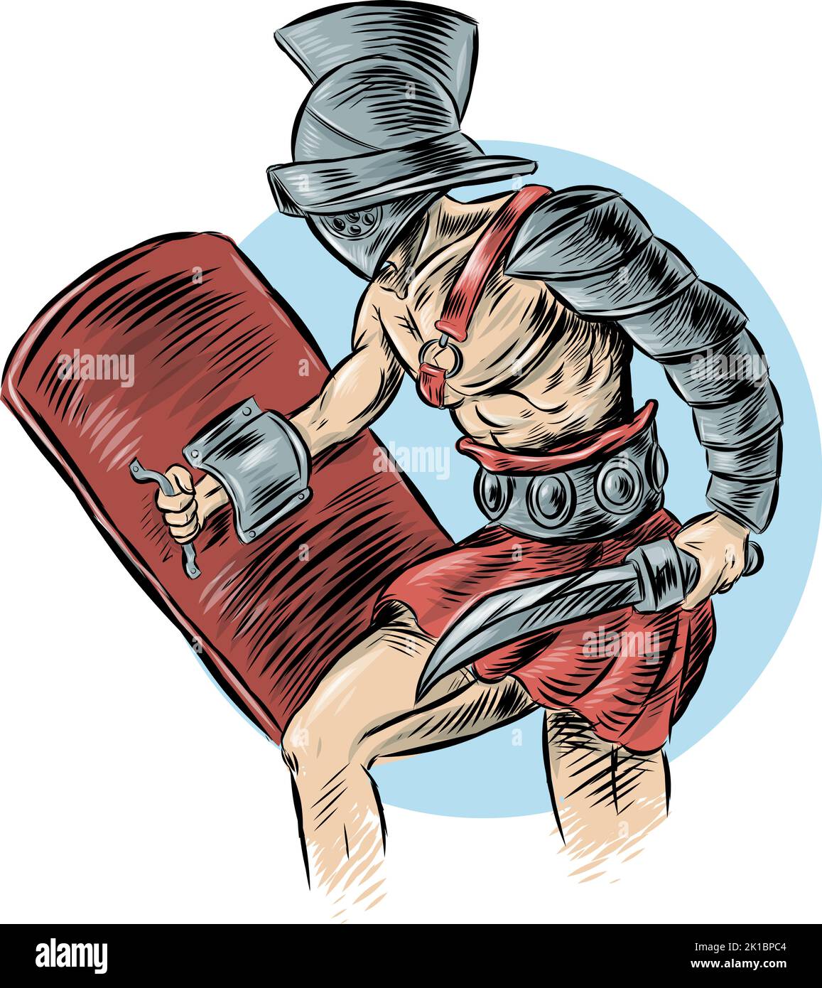 Römischer Gladiator, handgezeichnete Farbe auf weißem Hintergrund Stock Vektor