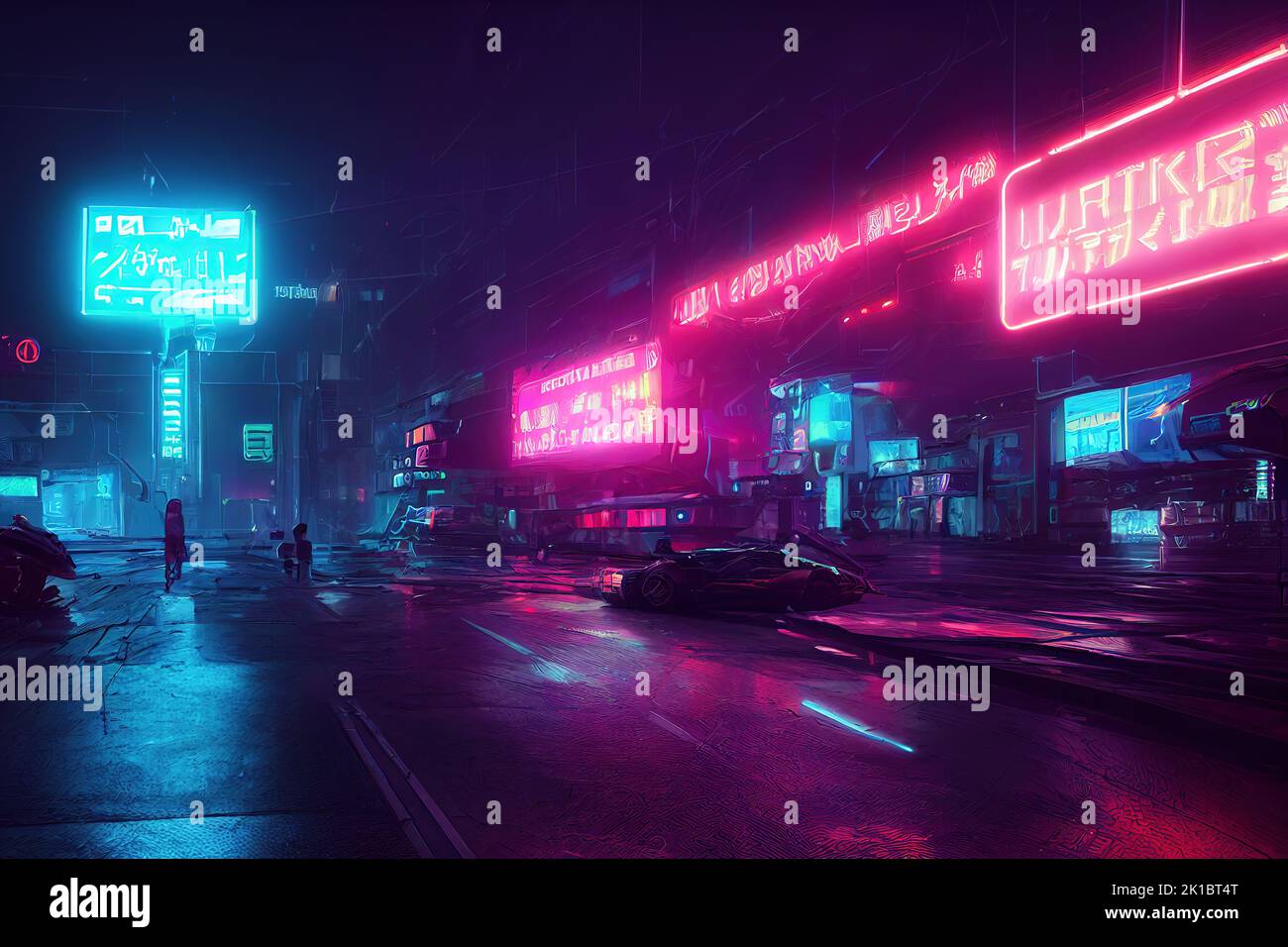 Eine Cyberpunk-Neon-Stadtlandschaft, futuristische Farben, dystopische Welt, anders ausgedrückt Stockfoto