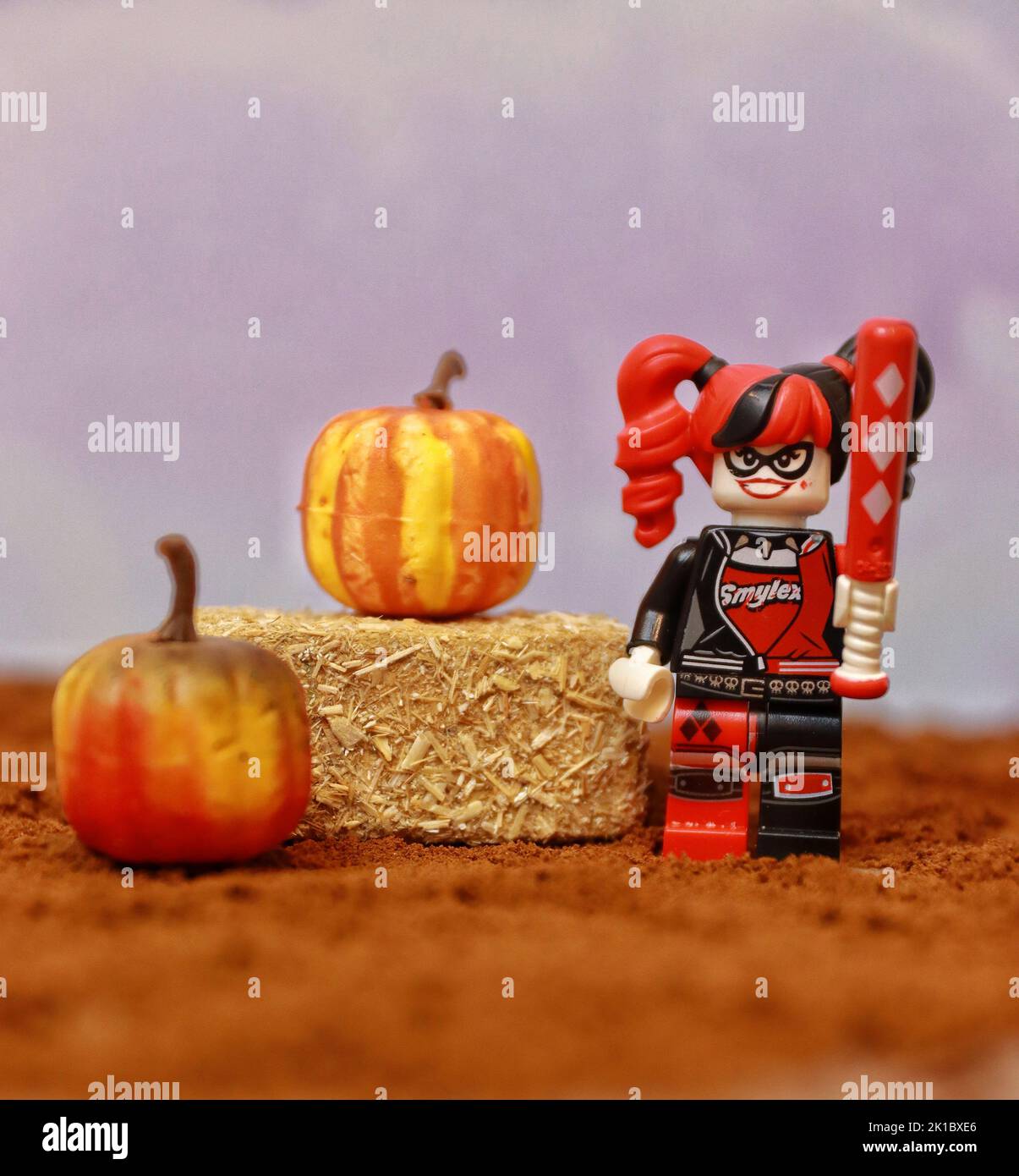 Die Nahaufnahme der Smylex lego Figur, die neben dem Heu und den Kürbissen steht - Halloween-Konzept Stockfoto