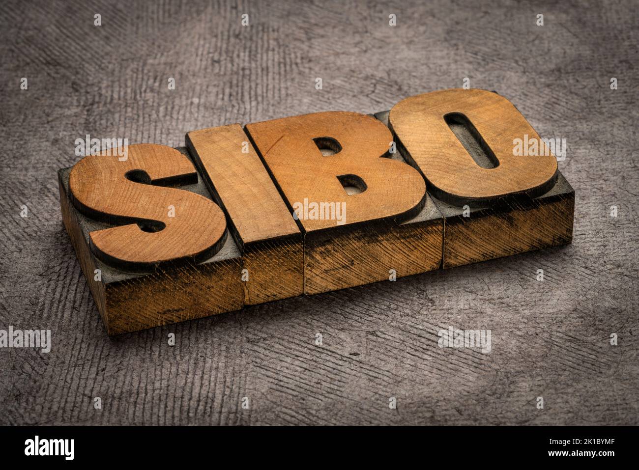 SIBO (small intestinal bacterial overgrowth) - Wortabstrakt im Vintage-Buchdruck Holzart, Verdauung und Darmgesundheitskonzept Stockfoto