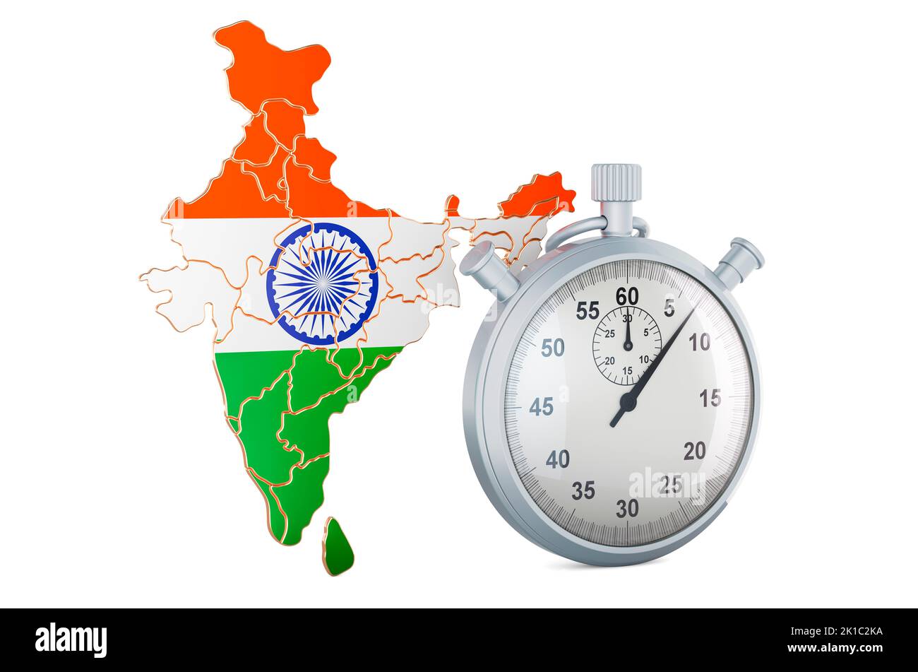 Indische Karte mit Stoppuhr, 3D Rendering isoliert auf weißem Hintergrund Stockfoto