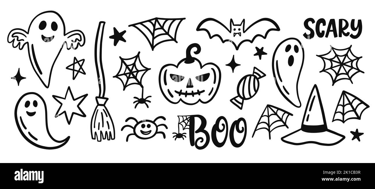 Halloween-Doodle-Elemente-Set. Lustige handgezeichnete Cartoon-Skizzen Stock Vektor