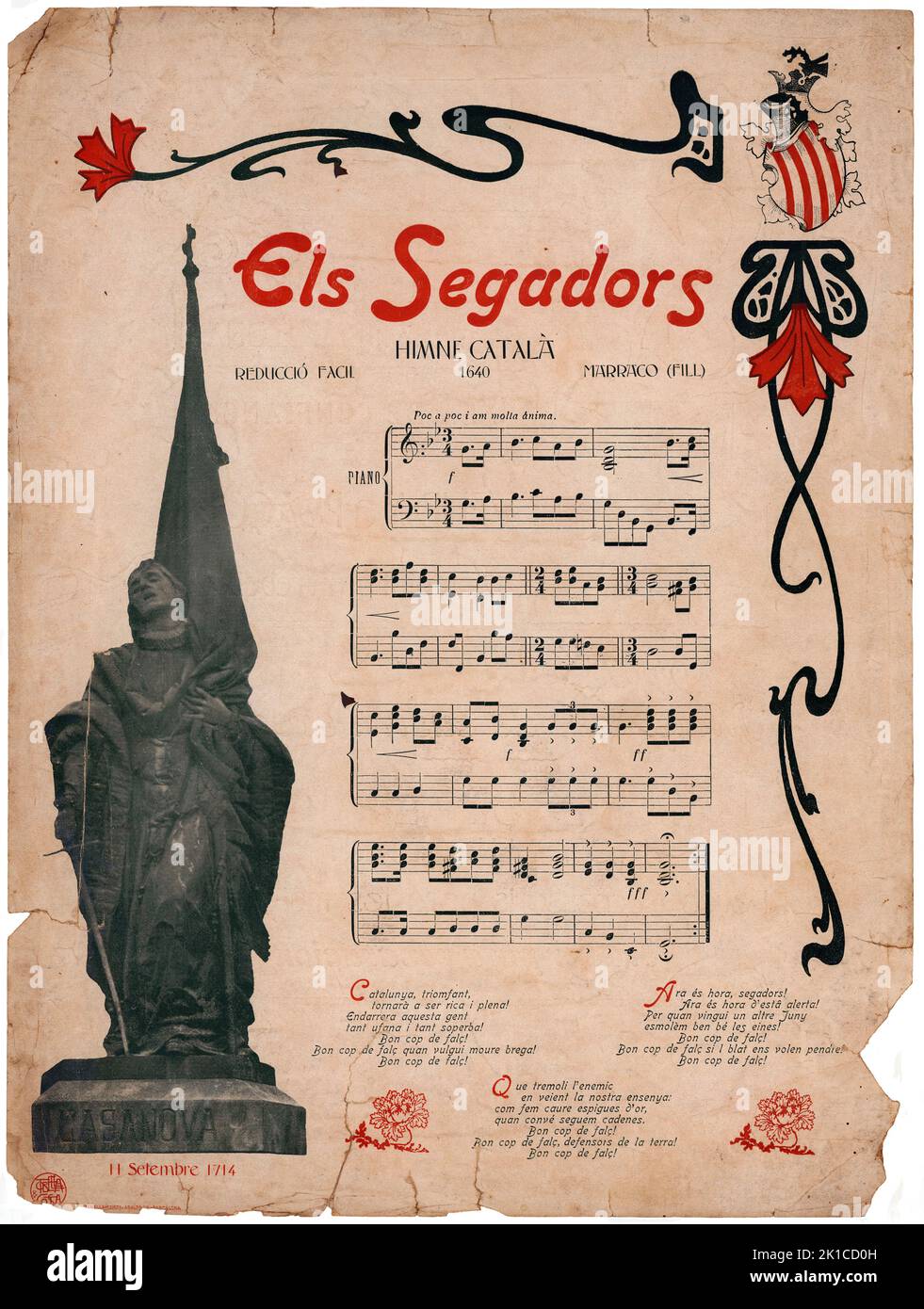 Partitura Musical del himno catalán Els Segadors, de Marraco (hijos). Años 1910. Stockfoto