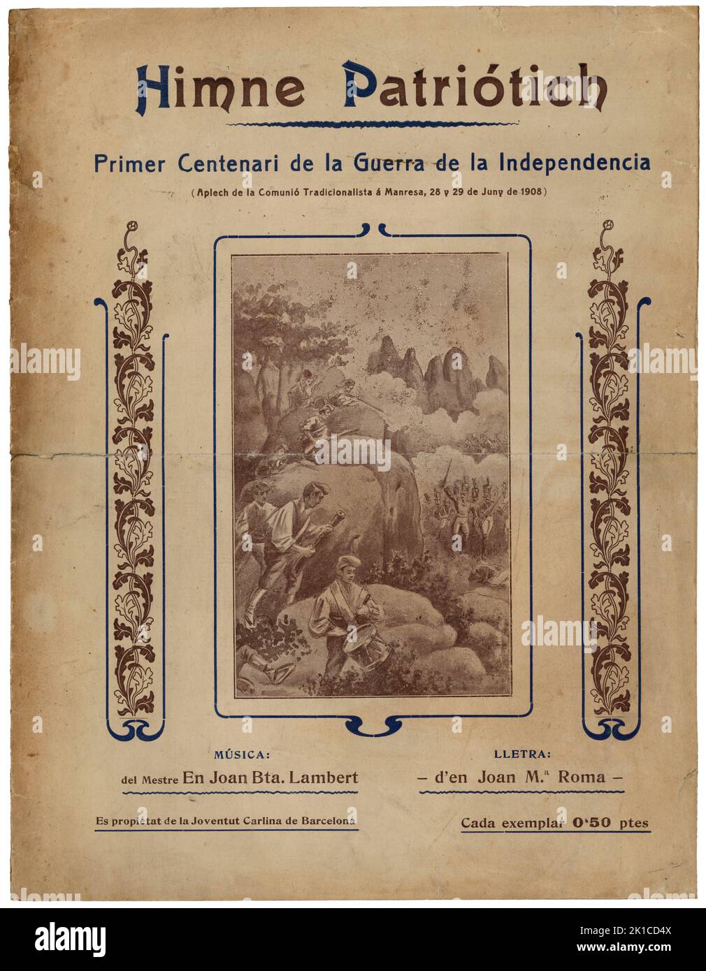 Partitura Musical del Himne Patrotich, guerra de la Independencia, de Joan Bautista Lambert. Año 1908. Stockfoto