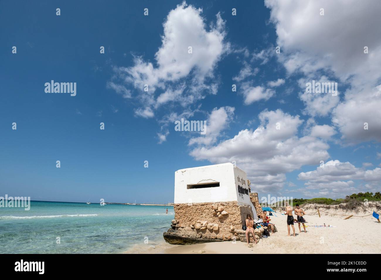 SA Rapita-Ses Covetes Strand, Maschinengewehr Nest, Mallorca, Balearen, Spanien. Stockfoto