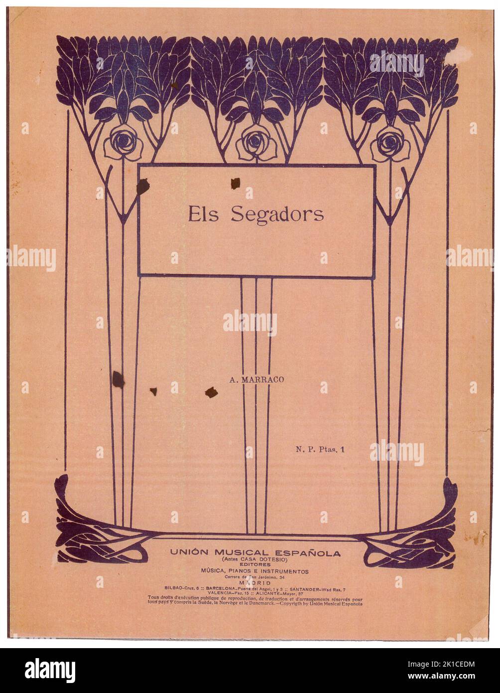 Partitura Musical Els Segadors, de Alexandre Marraco. Madrid, año 1920. Stockfoto