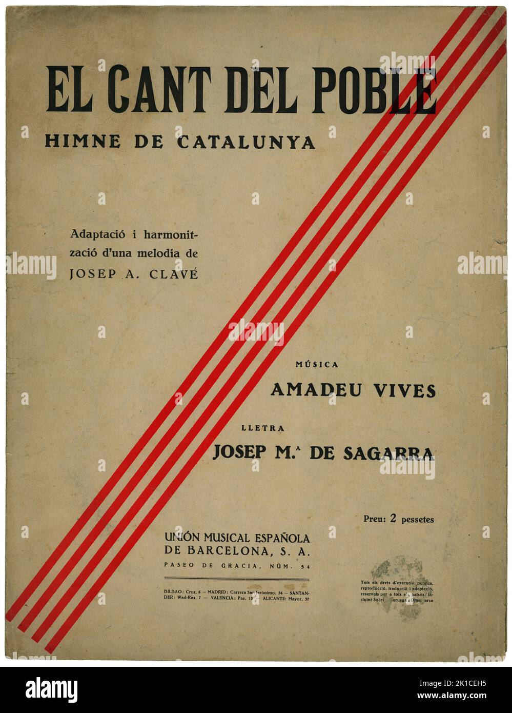 Partitura Musical del himno catalán El Cant del Poble, de Amadeu Vives. Año 1910. Stockfoto